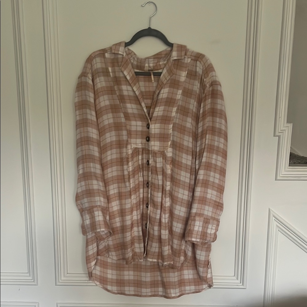Free People Plaid Button Down Shirt - Tan and White